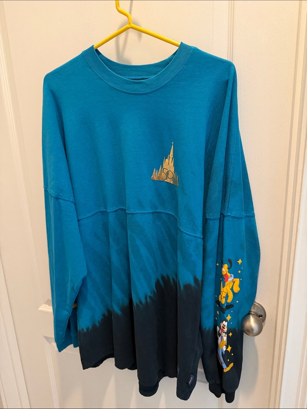 Disney Teal and Black Tie-Dye Long Sleeve spirit Jersey with Gold Castle
